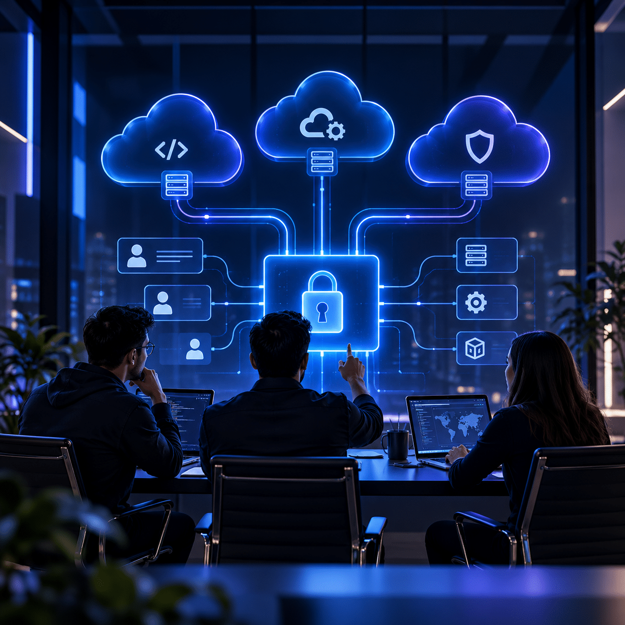 CloudOps, DevOps, and security teams working together on a shared cloud access layer