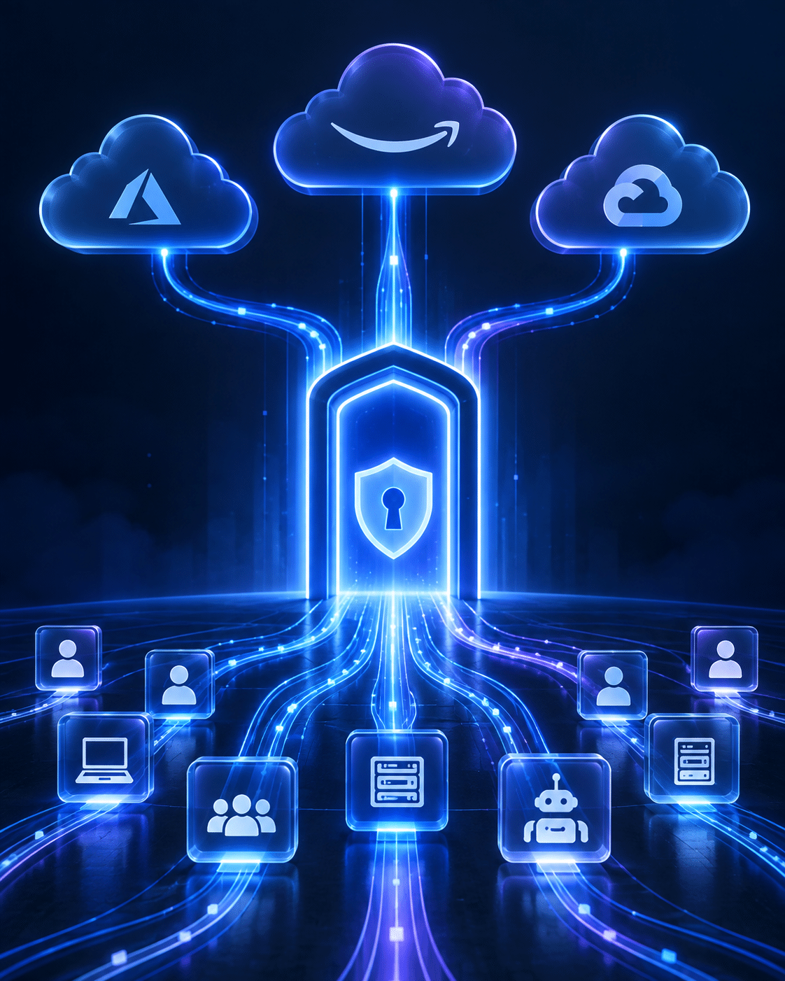Human and machine identities passing through a single secure access gateway into AWS, Microsoft Azure, and Google Cloud